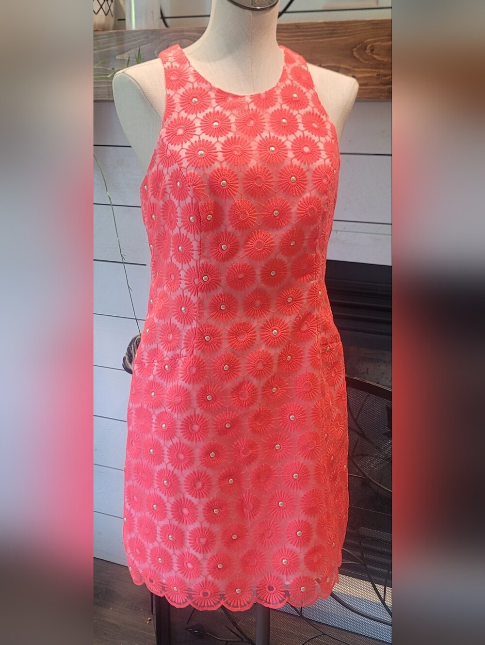 Lilly Pulitzer Coral Floral Embroidered Sheath Dress Sz 6